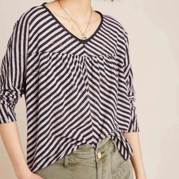 Anthropologie Pilar Black Striped Burnout Long Sleeve Top - Picture 2 of 12